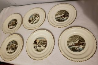 Vintage Set Of 6 Currier And Ives 6 " Plates Harkerware Made In Usa