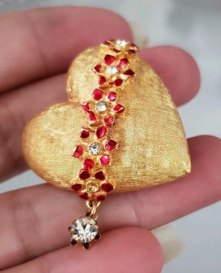 Vtg Mylu Brushed Goldtone Heart Flower Red Enamel & Rhinestone Brooch