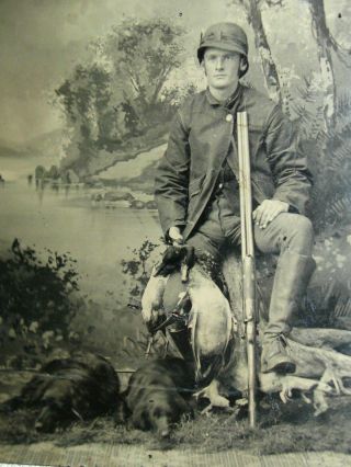 Antique Tintype Photo Hunter Hat Shot Gun Black Dogs And Killed Ducks