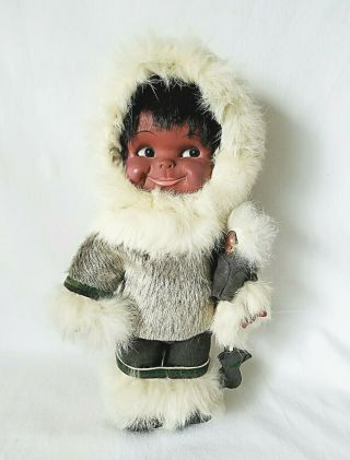 Vintage Regal Eskimo Doll Girl With Baby Grey & Ivory Far Outfit 12 " Canada