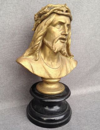 Antique French Religious Sculpture Bust Made Of Regule 19th Century Jesus