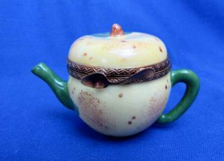 Vintage Mj Limoges Peint Main Porcelain Apple Shaped Teapot Hinged Trinket Box