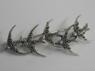 An Exquisite Vintage Solid Sterling Silver Five Swallow Bird Marcasite Brooch