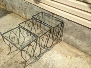 3 - Vintage Wrought Iron Glass Nesting Tables Salterini Inspired Patio Garden