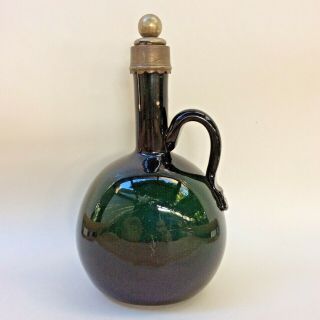 Antique Vintage Dark Green Bottle With Handle Metal Stopper Hand Blown Glass