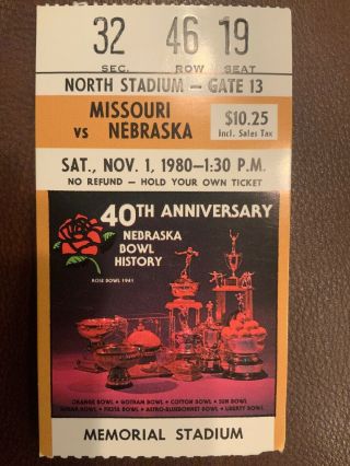 Missouri @ Nebraska Cfb Ticket Stub 11/1/1980 Huskers Tigers