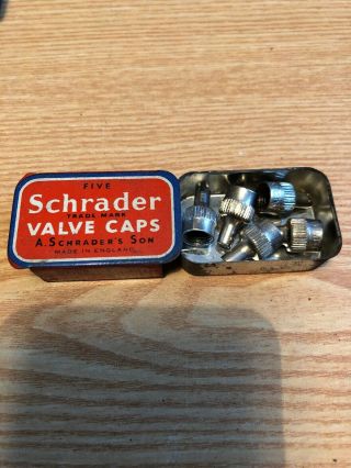 Vintage Schrader Valve Caps Tin Box With 5 Caps