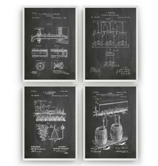 Beer Brewing Patent Prints - Set Of 4 - Poster Wall Art Print Gift - Unframed