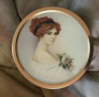 Vintage Empty Tiny Chambers Candy Company Advertising Tin Victorian Lady Round