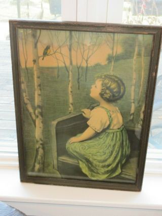 1920s Vintage Antique Picture Of A Girl Looking Up At Bird In Frame