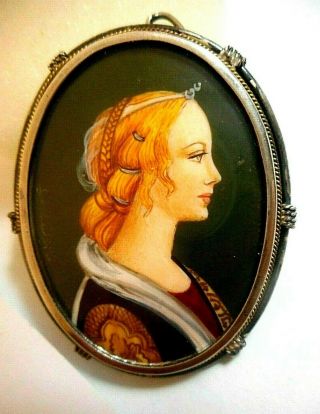 Antique Signed Hand Painted Royal Portrait 800 Silver & 10k Gold Pendant/brooch
