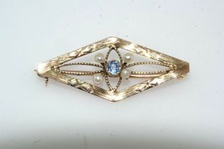 Art Nouveau Vintage Seed Pearl & Sapphire 10k Yellow Gold Pin Brooch