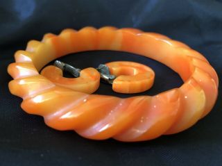 Vintage Bakelite Bracelet & Loop Clip - On Earrings Orange