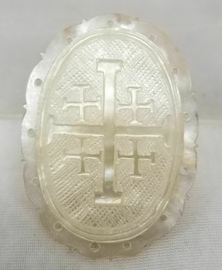 Antique Finely Carved Religious Cross Mother Of Pearl Abalone Plaque Pendant