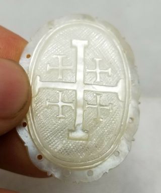 Antique Finely Carved Religious Cross Mother of Pearl Abalone Plaque Pendant 2