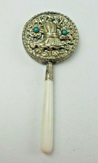 Vintage Chinese Engraved Brass Turquoise Hand Mirror Jade Stone Handle