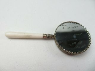 Vintage Chinese Engraved Brass Turquoise Hand Mirror Jade Stone Handle 3