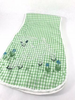 Vintage Over Shoulder Burp Cloth Lamb Hand Embroidered Green Gingham Terry Cloth