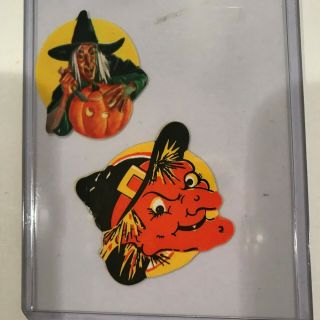 2 Old Vintage Halloween Gummed Seals Stickers Witch Knife Moon Jack O Lantern
