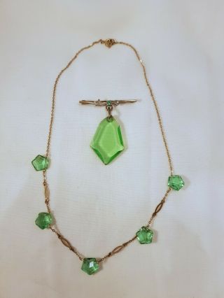 Vintage Art Deco Jewellery Geometric Apple Green Glass Necklace And Brooch