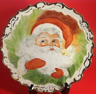 Santa Cabinet Plate.  Hand Painted Signed 10 3/8 " W/ Heavy Gold Accents Vintage