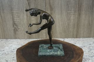 Art Deco Bronze & Marble Sculpture Of Nude Lady Girl Balancing Ball Statue (j1