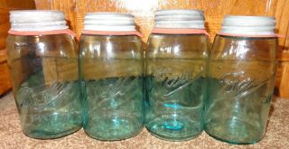 4 Vintage 1910 Ball Mason Antique Blue Wavy Glass Quart Canning Jars 3l Loops