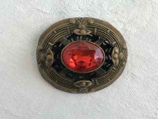 Antique Brass Red Faceted Glass Gemstone Art Deco Pin Brooch Ruby Red Jeweled