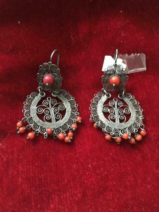 Vintage Antique Sterling Silver 925 Coral Dangle Earrings