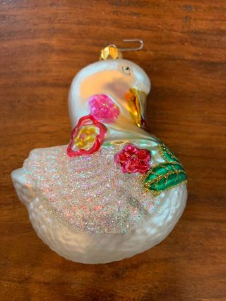 Vintage Blown Glass White Swan Christmas Ornament W/ Floral Design