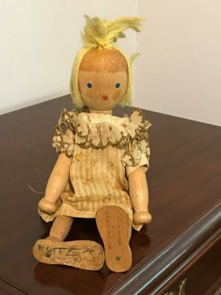 Antique Wooden Peg Doll Artist Signed 1935,  Usa Made