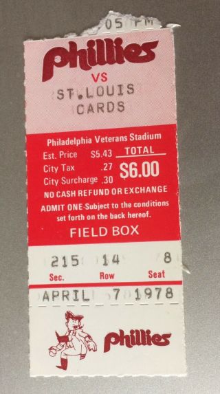 4/7/78 Philadelphia Phillies Vs St Louis Cardinals Opening Day Ticket Stub
