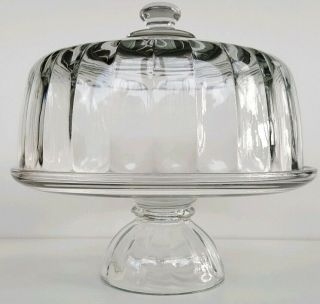 Vtg Elegant Clear Glass Rippled 11 " Cake Stand With Matching 10 " Dome Lid