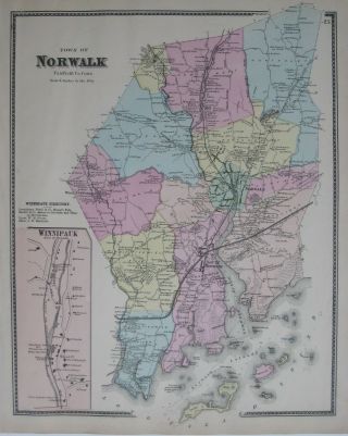 1867 Hand Colored Map Norwalk Fairfield County Connecticut Winnipauk