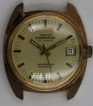 Mens Vintage Swiss Emperor Automatic Gold Plated Date Wristwatch.  25 Jewels.