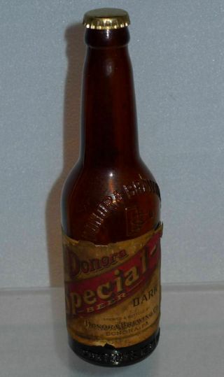 Antique Pre Prohibition Donora Brewery Crown Top Beer Bottle Orig Paper Label,  Pa
