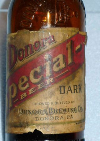 Antique Pre Prohibition DONORA BREWERY Crown Top Beer Bottle Orig Paper Label,  PA 2