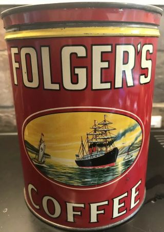 Rare Vintage Folgers Coffee Can 2 Lb Pound 1931 Empty Tin Clipper Ship Flowers