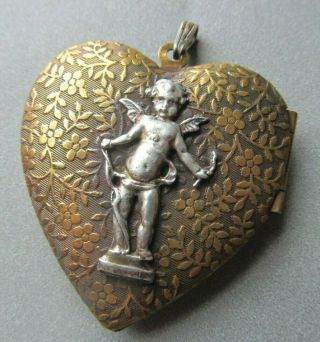 Large Antique Victorian Edwardian Sterling Silver Heart Locket Cherub Putti