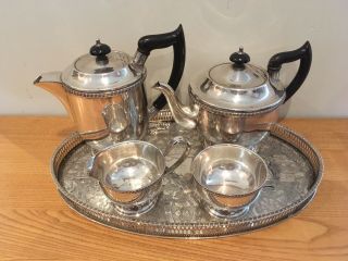Vintage Viners Sheffield Silver Plated 5 Piece Alpha Tea - Set And Tray