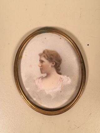 Antique Victorian Miniature Portrait Painting Of A Lady In White Dress C.  1850s