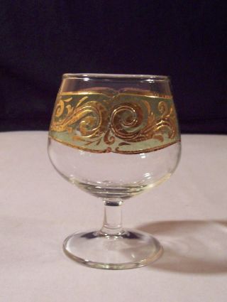 Mid - Century Modern Culver Green Gold Scroll Brandy Glass Snifter Baroque