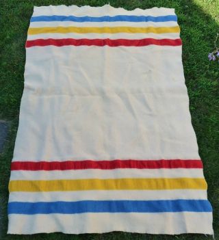 Vintage White Wool Blanket W/ Stripes - Hudson Bay Style 84 X 58