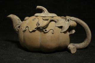 Signed Chinese Hand Carved Yixing Zisha Clay Teapot With Pumpkin/squash Decor