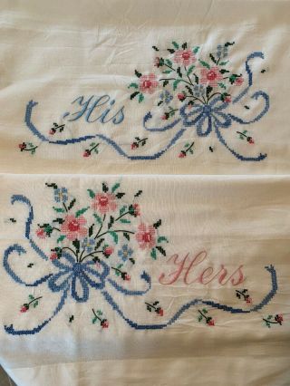 Vintage Embroidered His And Hers Pillowcases 32” X 19.  5” White Pink Blue Floral