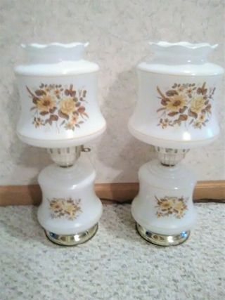 Vtg Pair (2) Matching White Milk Glass Electric Table Lamps W/floral Design Vgc