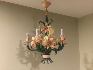 Antique/ Vintage Shabby Chic Italian Metal Tole Lily Flowers Chandelier Lamp