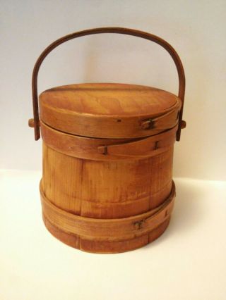 Small Vintage 6 1/2 " Tall Firkinsugar Bucket - Orig.  Lid - 3 Wood Fingerbands