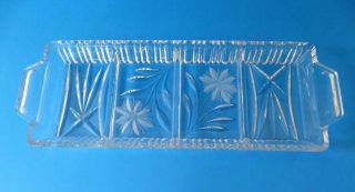 Vintage Lead Crystal Etched Glass Relish Dish / Tray With Handles 4 Sections