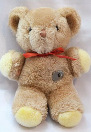Vintage Eden Plush Tan Bear Red Bow Wind Up Musical Baby Lullaby 8”